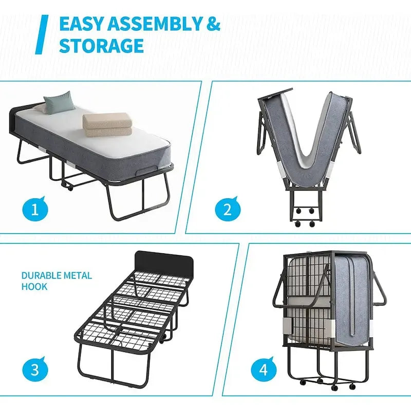 Lit pliable compact avec matelas et roulettes