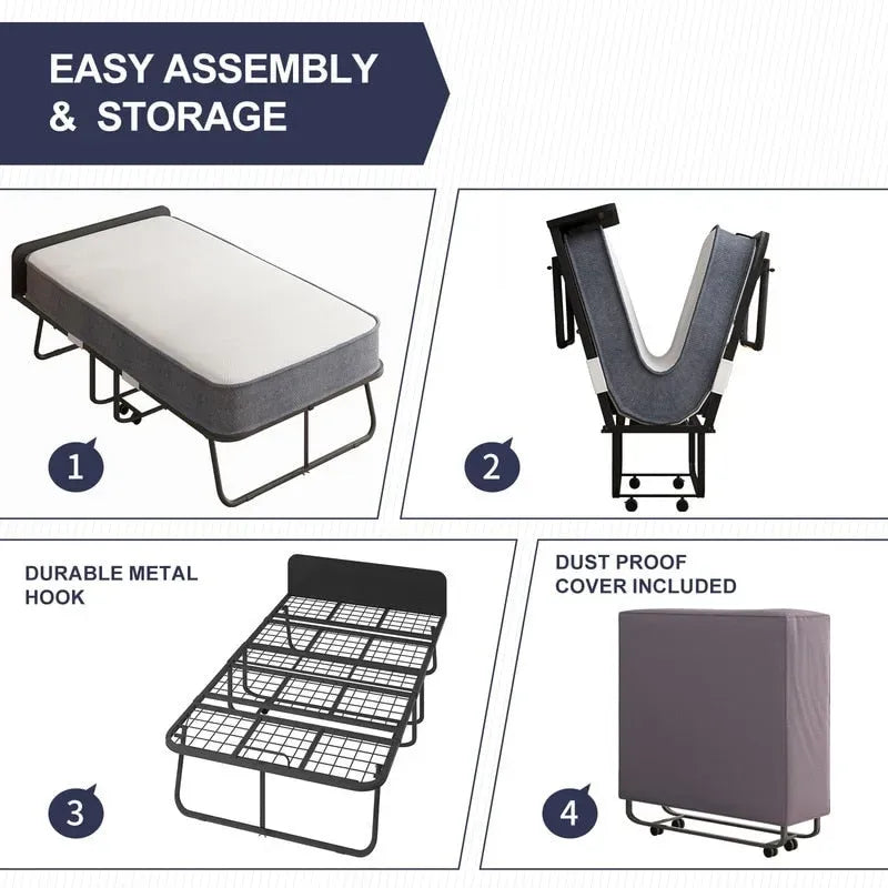 Lit pliable compact avec matelas et roulettes