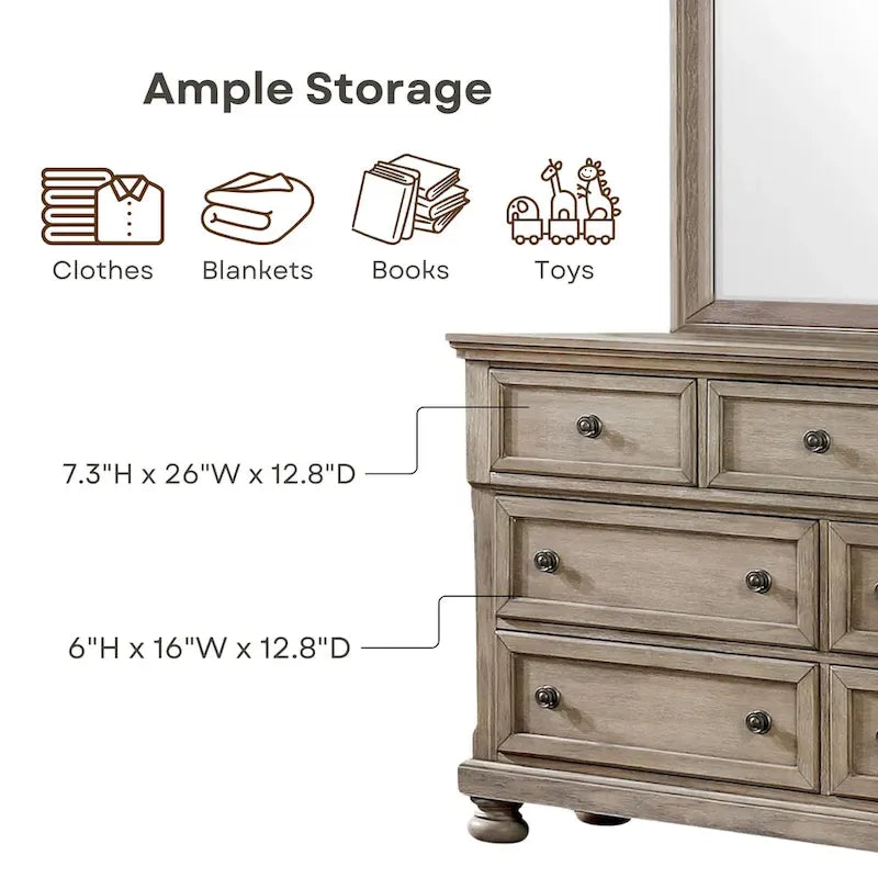 Lit traîneau 3 pièces de rangement en bois gris transitionnel, table de nuit et commode