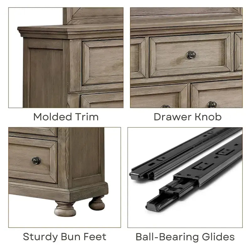 Lit traîneau 3 pièces de rangement en bois gris transitionnel, table de nuit et commode
