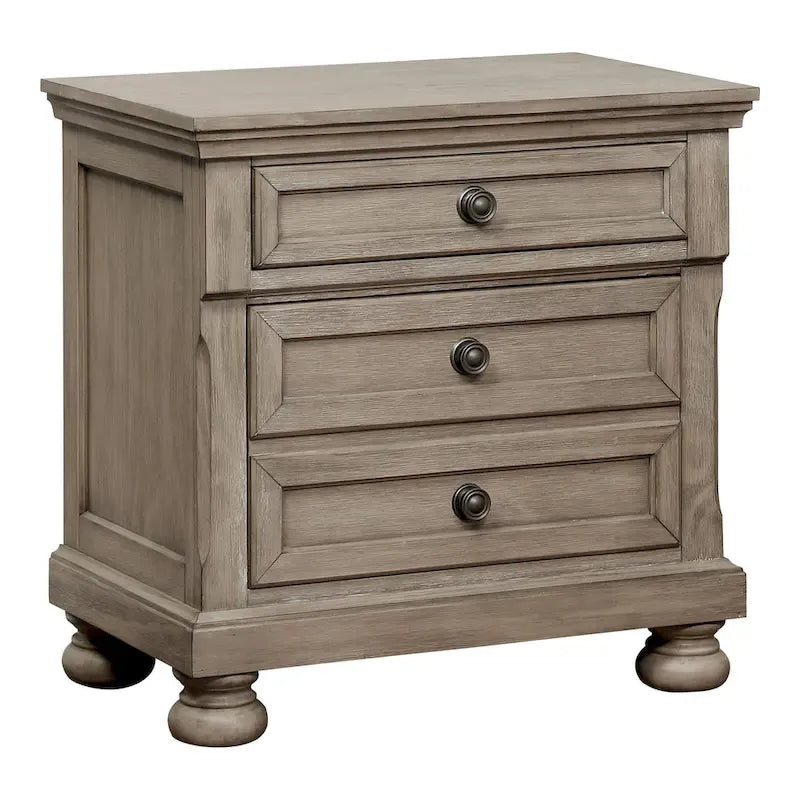 Lit traîneau 3 pièces de rangement en bois gris transitionnel, table de nuit et commode