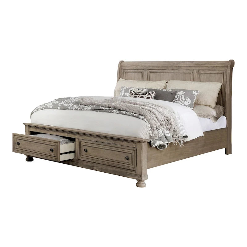Lit traîneau 3 pièces de rangement en bois gris transitionnel, table de nuit et commode