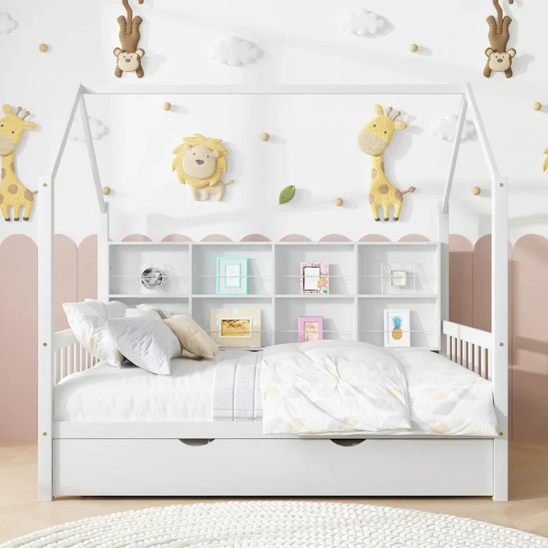 Lit cabane en bois de taille standard avec lit gigogne, lit pour enfants avec étagère