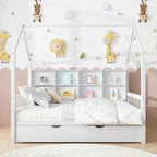 Wooden Full Size House Bed with Trundle,Kids Bed with Shelf