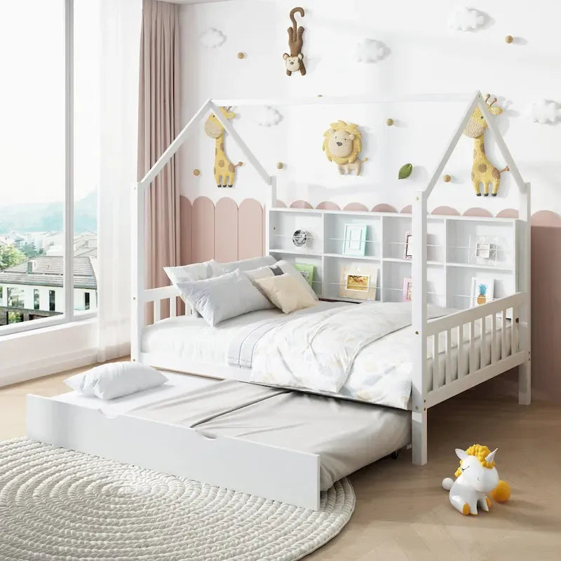 Lit cabane en bois de taille standard avec lit gigogne, lit pour enfants avec étagère