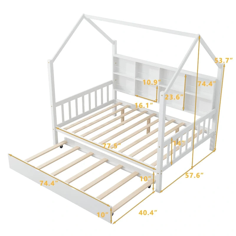 Lit cabane en bois de taille standard avec lit gigogne, lit pour enfants avec étagère