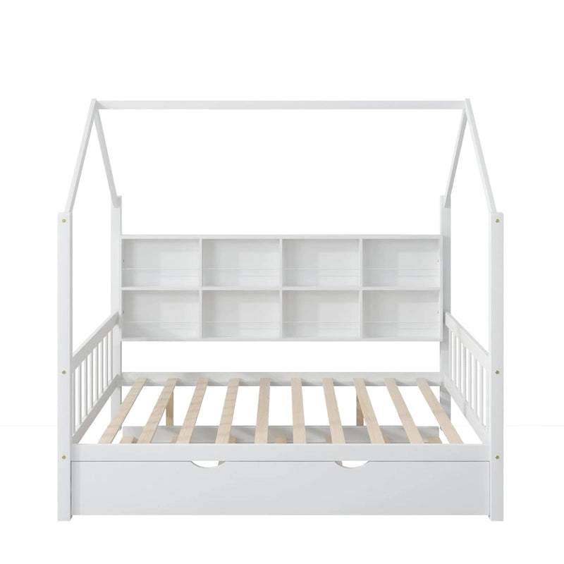 Lit cabane en bois de taille standard avec lit gigogne, lit pour enfants avec étagère