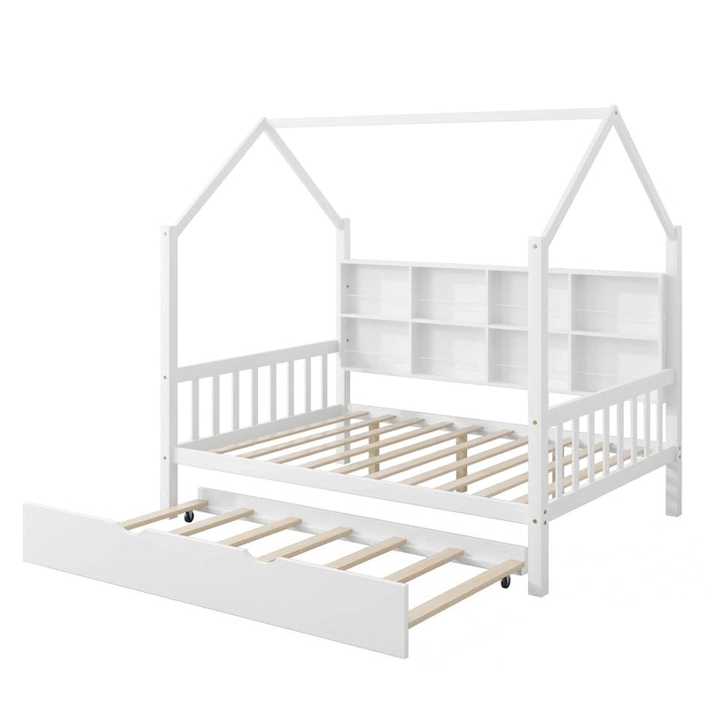 Lit cabane en bois de taille standard avec lit gigogne, lit pour enfants avec étagère