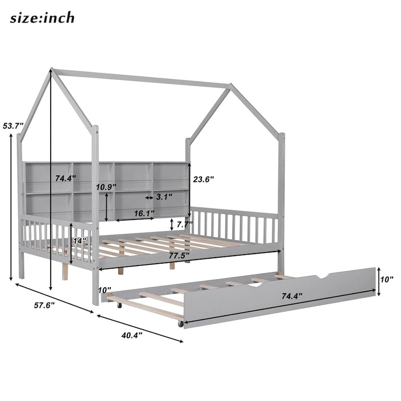 Lit cabane en bois de taille standard avec lit gigogne, lit pour enfants avec étagère