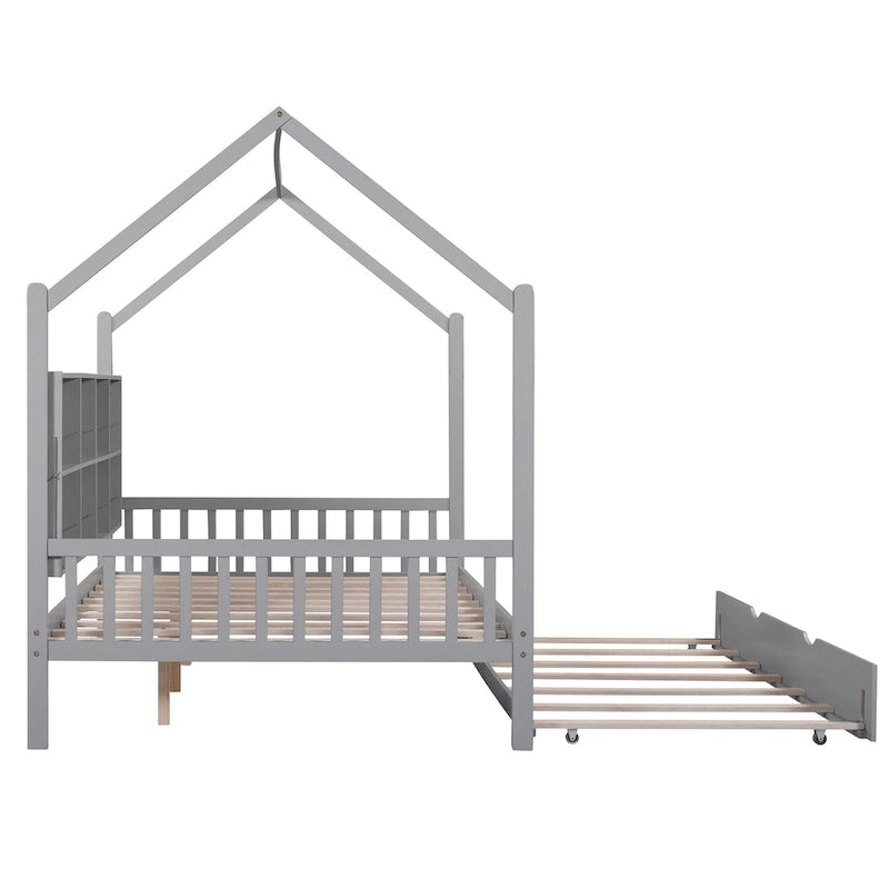 Lit cabane en bois de taille standard avec lit gigogne, lit pour enfants avec étagère