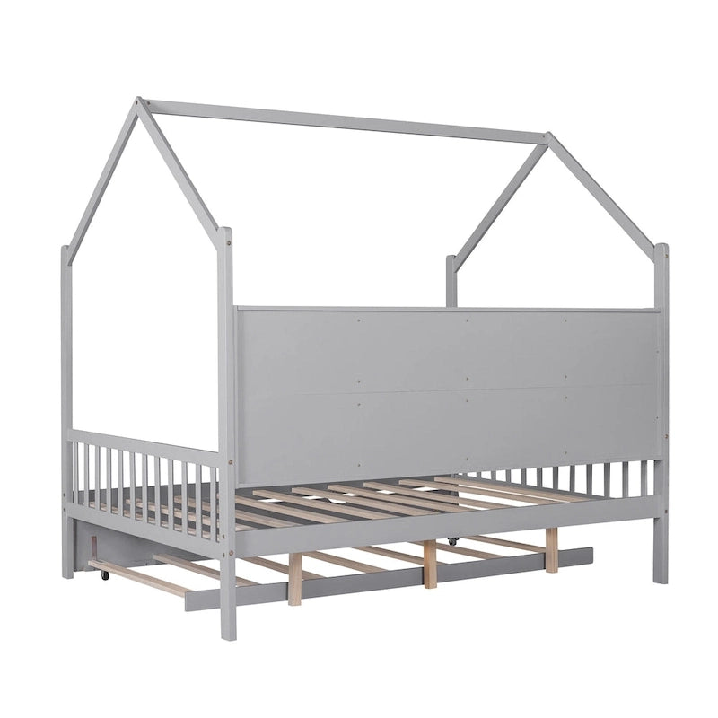 Lit cabane en bois de taille standard avec lit gigogne, lit pour enfants avec étagère