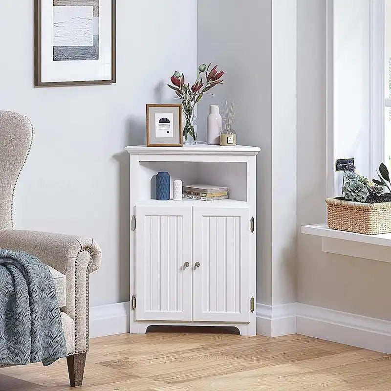 Meuble d'angle de rangement sans fioritures, Armoire d'angle de salle de bain avec portes et étagères - Blanc