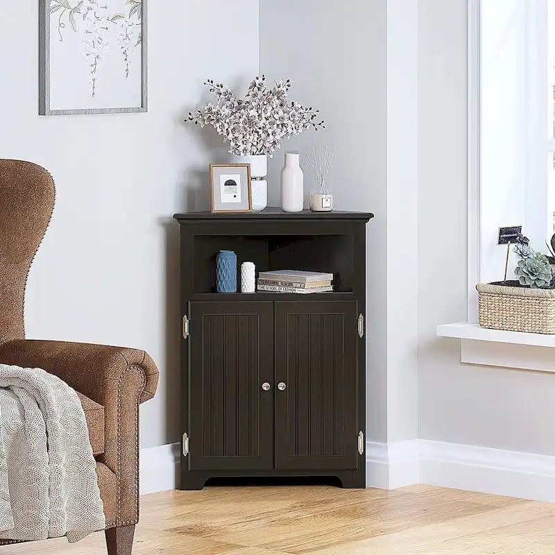 Meuble d'angle de rangement sans fioritures, Armoire d'angle de salle de bain avec portes et étagères - Blanc