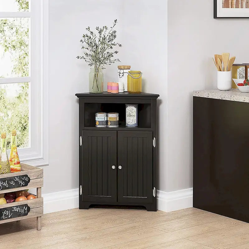 Meuble d'angle de rangement sans fioritures, Armoire d'angle de salle de bain avec portes et étagères - Blanc