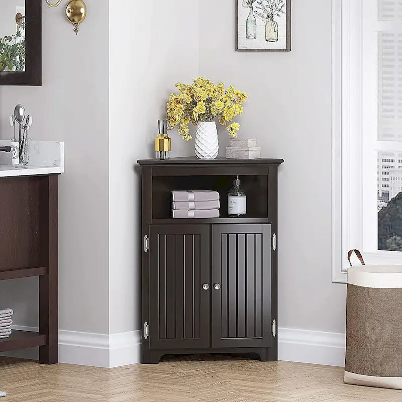 Meuble d'angle de rangement sans fioritures, Armoire d'angle de salle de bain avec portes et étagères - Blanc