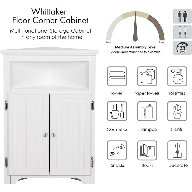 Meuble d'angle de rangement sans fioritures, Armoire d'angle de salle de bain avec portes et étagères - Blanc