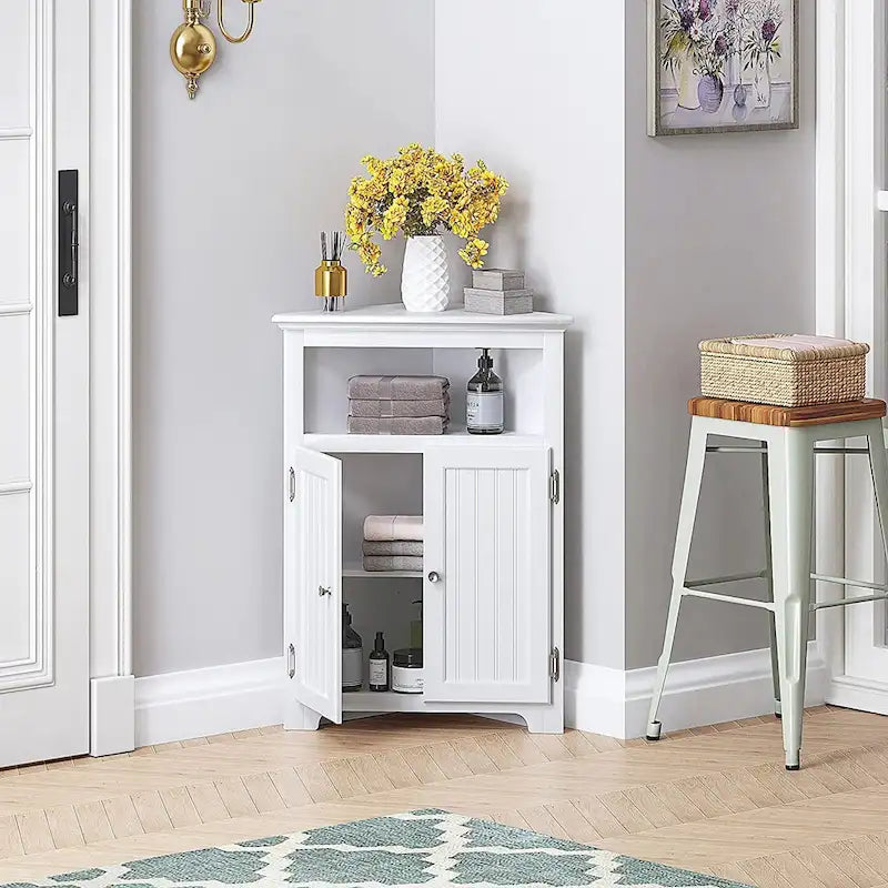 Meuble d'angle de rangement sans fioritures, Armoire d'angle de salle de bain avec portes et étagères - Blanc