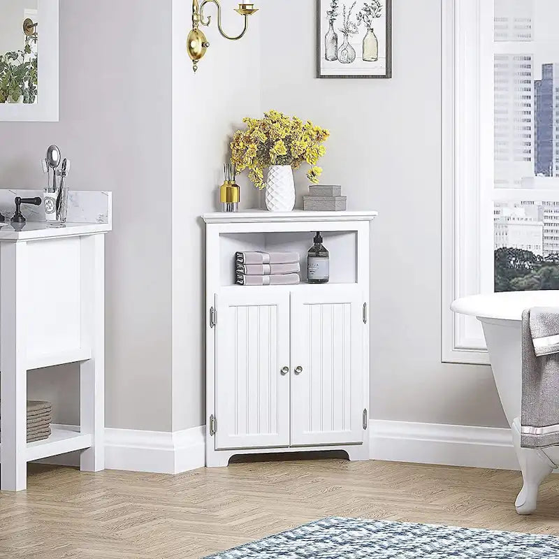 Meuble d'angle de rangement sans fioritures, Armoire d'angle de salle de bain avec portes et étagères - Blanc