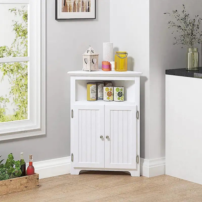 Meuble d'angle de rangement sans fioritures, Armoire d'angle de salle de bain avec portes et étagères - Blanc
