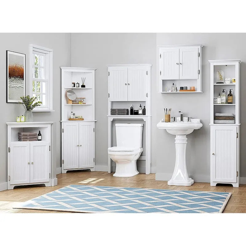 Meuble d'angle de rangement sans fioritures, Armoire d'angle de salle de bain avec portes et étagères - Blanc