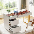 Bureau d'ordinateur moderne de 120 cm avec 4 tiroirs, bureau d'ordinateur à domicile avec plateau en verre, table de maquillage coiffeuse