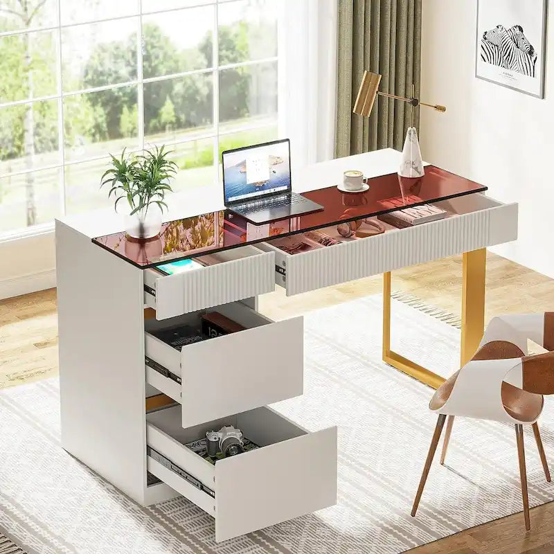 Bureau d'ordinateur moderne de 120 cm avec 4 tiroirs, bureau d'ordinateur à domicile avec plateau en verre, table de maquillage coiffeuse