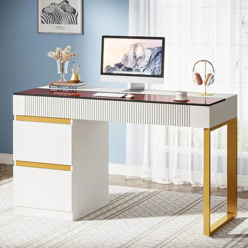 Bureau d'ordinateur moderne de 120 cm avec 4 tiroirs, bureau d'ordinateur à domicile avec plateau en verre, table de maquillage coiffeuse