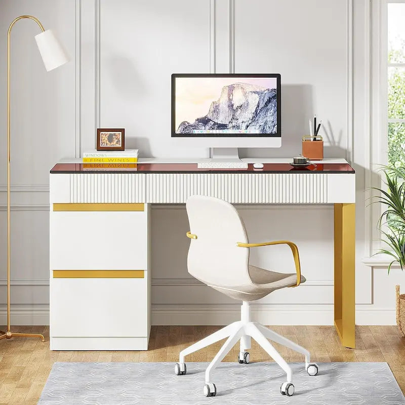 Bureau d'ordinateur moderne de 120 cm avec 4 tiroirs, bureau d'ordinateur à domicile avec plateau en verre, table de maquillage coiffeuse