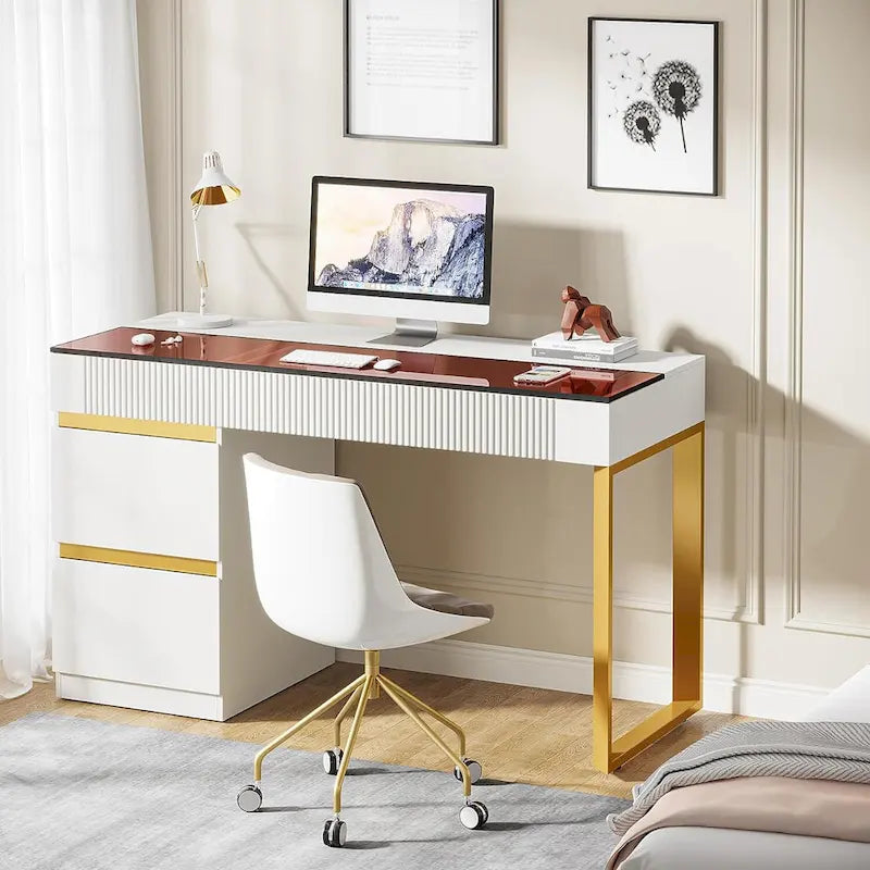 Bureau d'ordinateur moderne de 120 cm avec 4 tiroirs, bureau d'ordinateur à domicile avec plateau en verre, table de maquillage coiffeuse