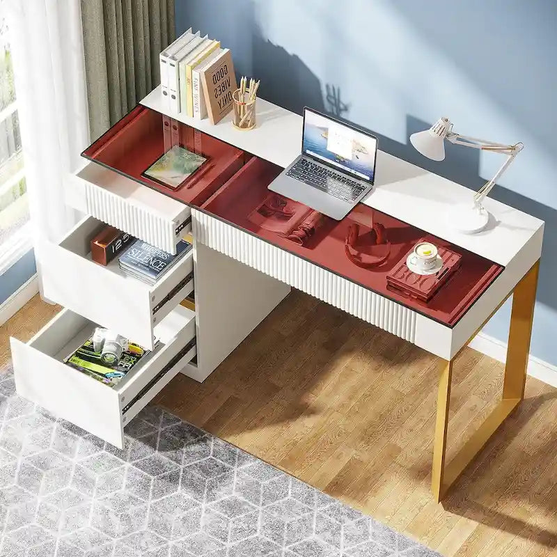 Bureau d'ordinateur moderne de 120 cm avec 4 tiroirs, bureau d'ordinateur à domicile avec plateau en verre, table de maquillage coiffeuse