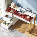 Bureau d'ordinateur moderne de 120 cm avec 4 tiroirs, bureau d'ordinateur à domicile avec plateau en verre, table de maquillage coiffeuse