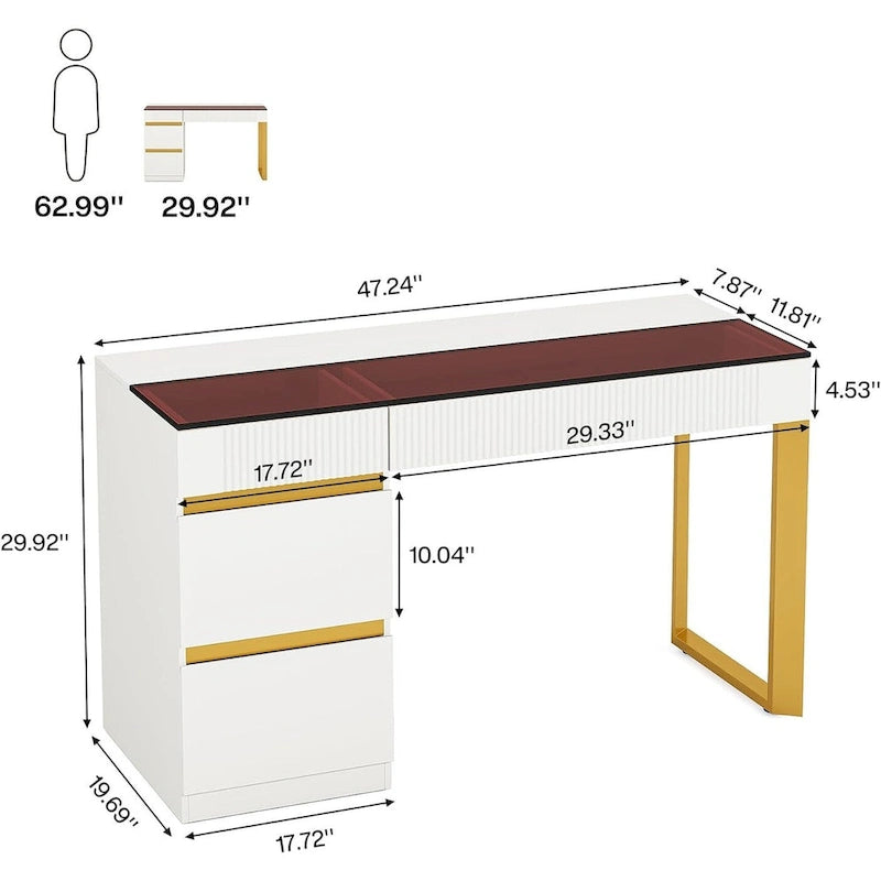 Bureau d'ordinateur moderne de 120 cm avec 4 tiroirs, bureau d'ordinateur à domicile avec plateau en verre, table de maquillage coiffeuse