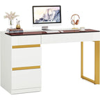 Bureau d'ordinateur moderne de 120 cm avec 4 tiroirs, bureau d'ordinateur à domicile avec plateau en verre, table de maquillage coiffeuse