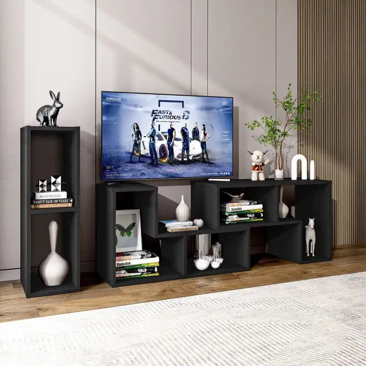 Meuble TV console, centre de divertissement 3 pièces pour téléviseurs jusqu'à 65 pouces avec étagères de bibliothèque - 26,5 x 12 x 17 (L x l x H)