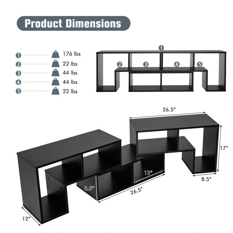 Meuble TV console, centre de divertissement 3 pièces pour téléviseurs jusqu'à 65 pouces avec étagères de bibliothèque - 26,5 x 12 x 17 (L x l x H)