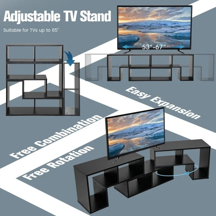 Meuble TV console, centre de divertissement 3 pièces pour téléviseurs jusqu'à 65 pouces avec étagères de bibliothèque - 26,5 x 12 x 17 (L x l x H)