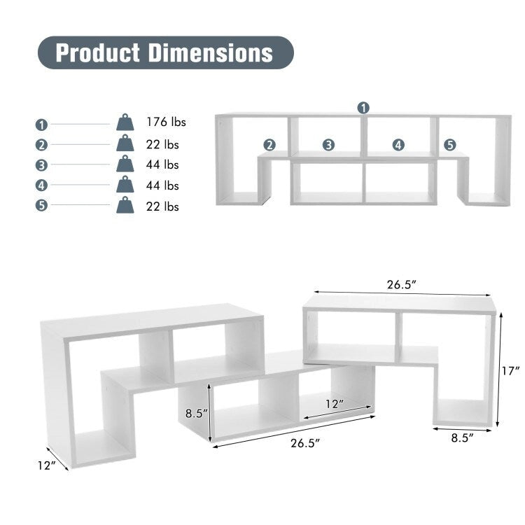 Meuble TV console, centre de divertissement 3 pièces pour téléviseurs jusqu'à 65 pouces avec étagères de bibliothèque - 26,5 x 12 x 17 (L x l x H)