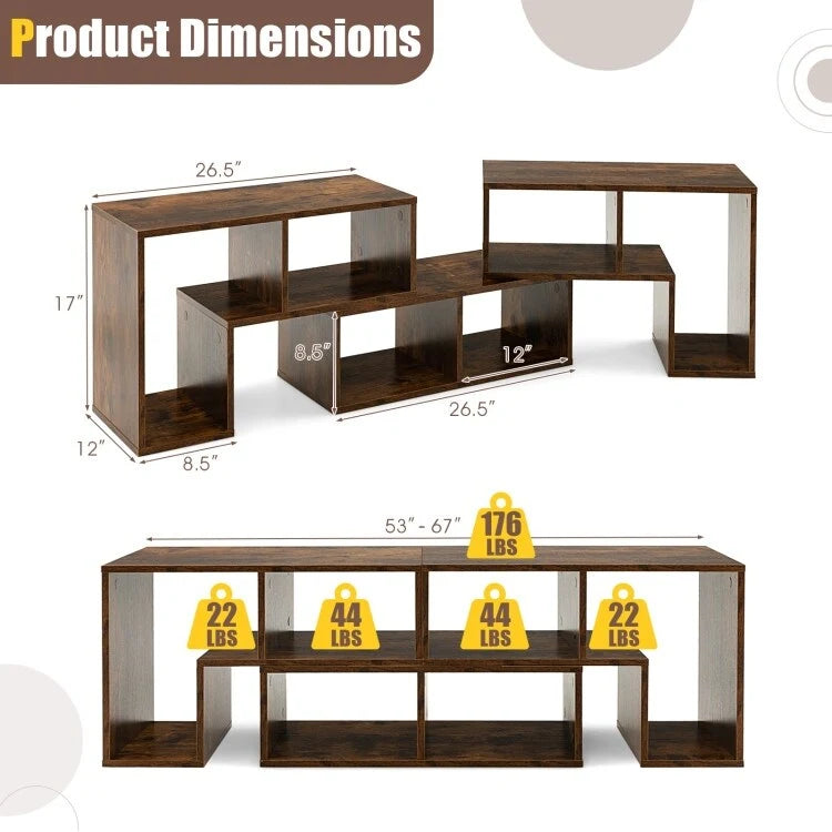 Meuble TV console, centre de divertissement 3 pièces pour téléviseurs jusqu'à 65 pouces avec étagères de bibliothèque - 26,5 x 12 x 17 (L x l x H)
