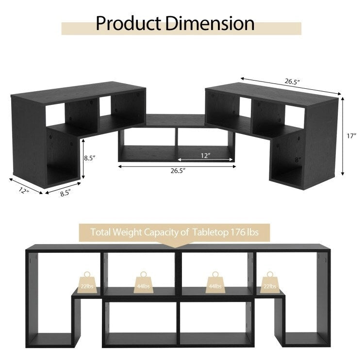 Meuble TV console, centre de divertissement 3 pièces pour téléviseurs jusqu'à 65 pouces avec étagères de bibliothèque - 26,5 x 12 x 17 (L x l x H)