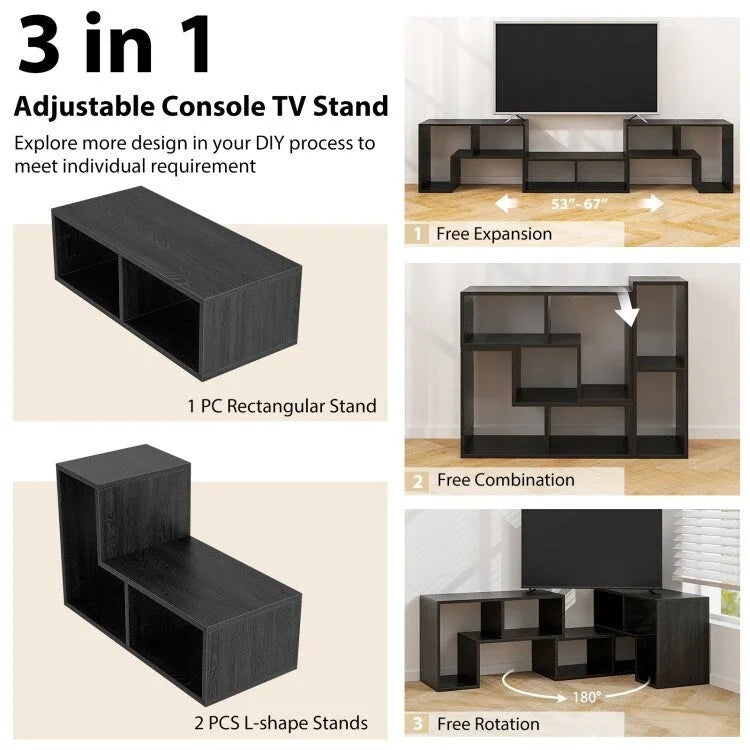 Meuble TV console, centre de divertissement 3 pièces pour téléviseurs jusqu'à 65 pouces avec étagères de bibliothèque - 26,5 x 12 x 17 (L x l x H)