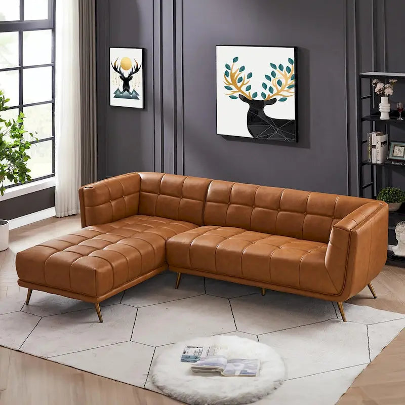 Canapé d'angle Chesterfield de luxe moderne en cuir véritable coloris cognac
