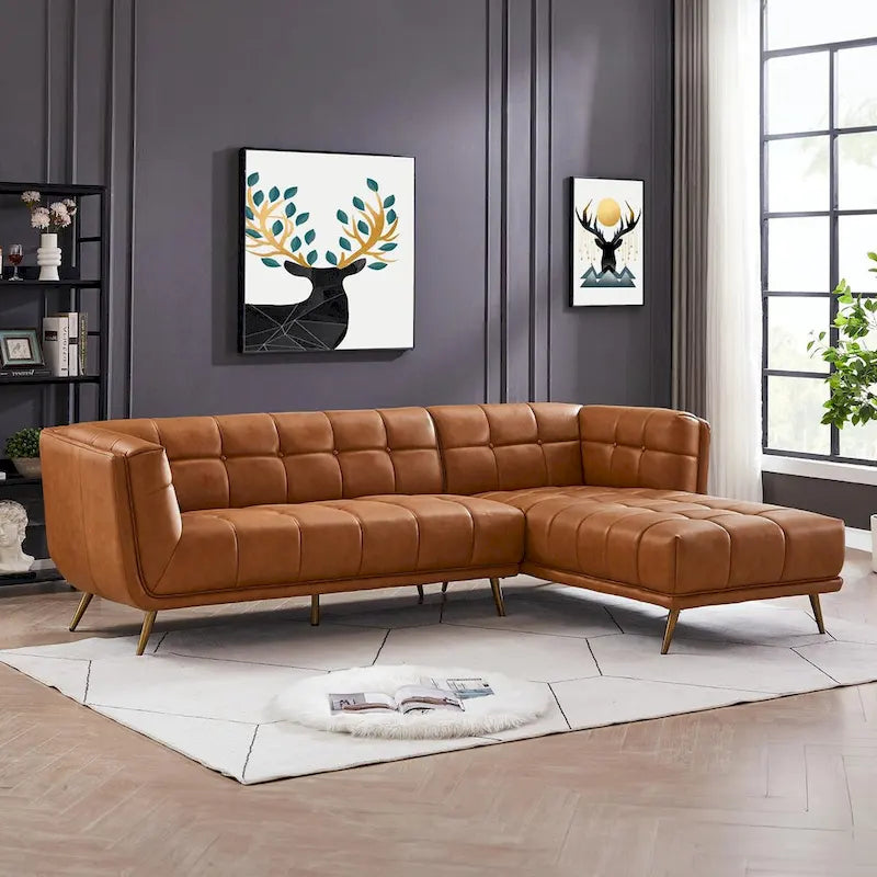 Canapé d'angle Chesterfield de luxe moderne en cuir véritable coloris cognac