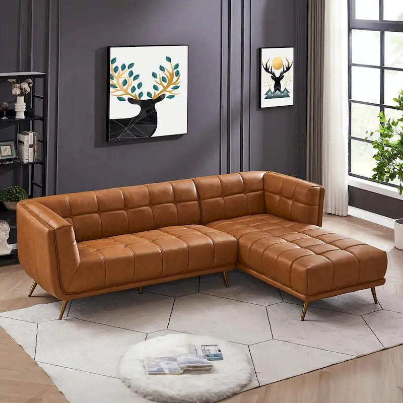 Canapé d'angle Chesterfield de luxe moderne en cuir véritable coloris cognac