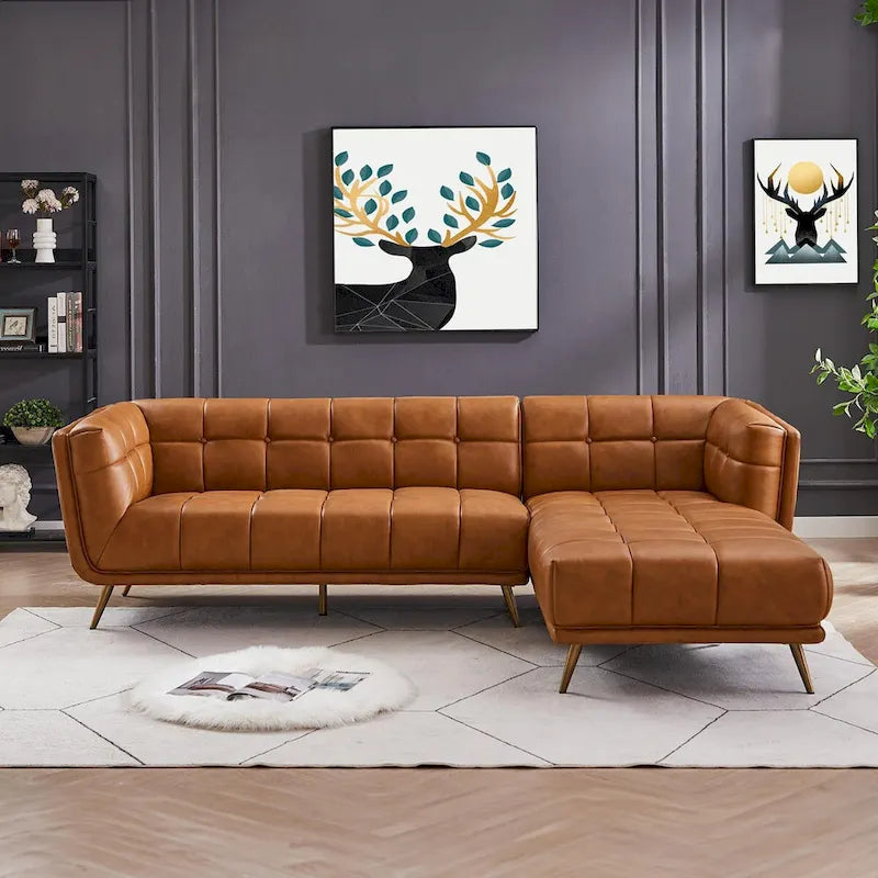 Canapé d'angle Chesterfield de luxe moderne en cuir véritable coloris cognac