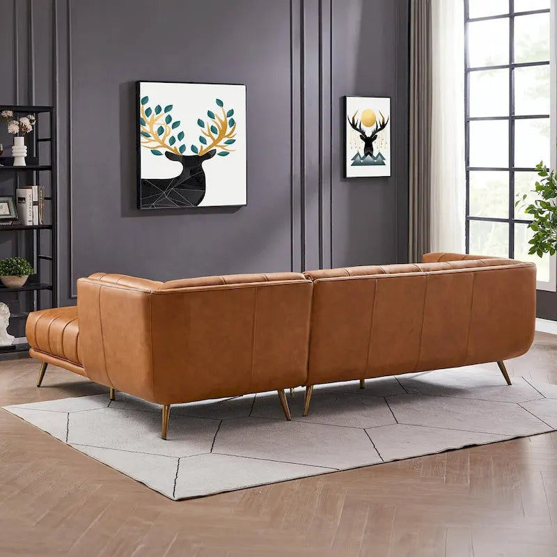 Canapé d'angle Chesterfield de luxe moderne en cuir véritable coloris cognac