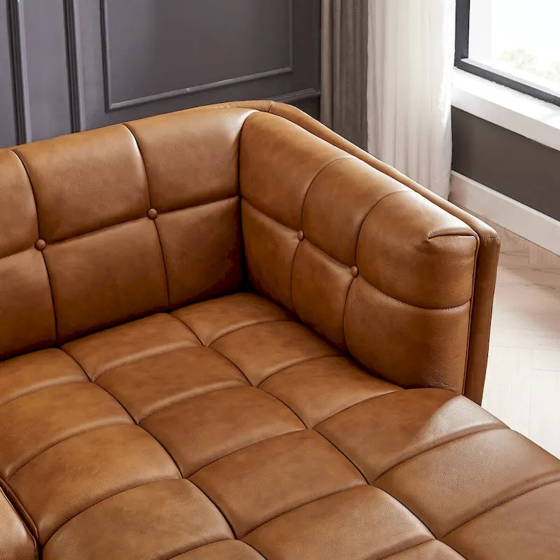 Canapé d'angle Chesterfield de luxe moderne en cuir véritable coloris cognac