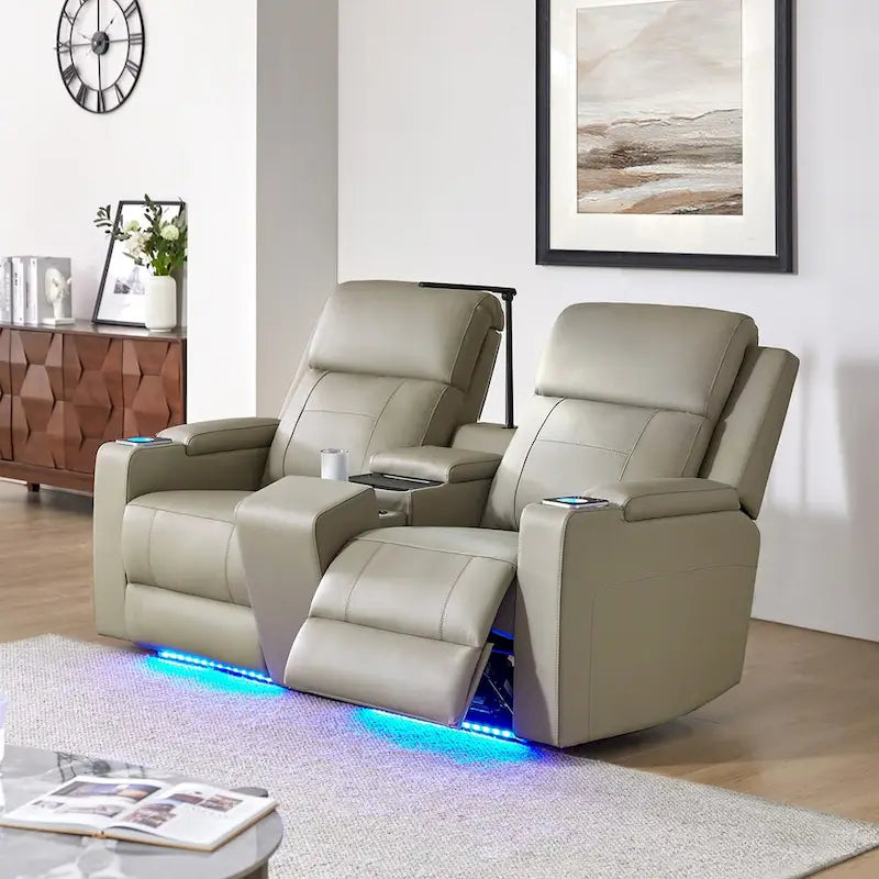 Fauteuil de cinéma maison en cuir véritable de 71,26 po de large avec éclairage d'ambiance et rangement