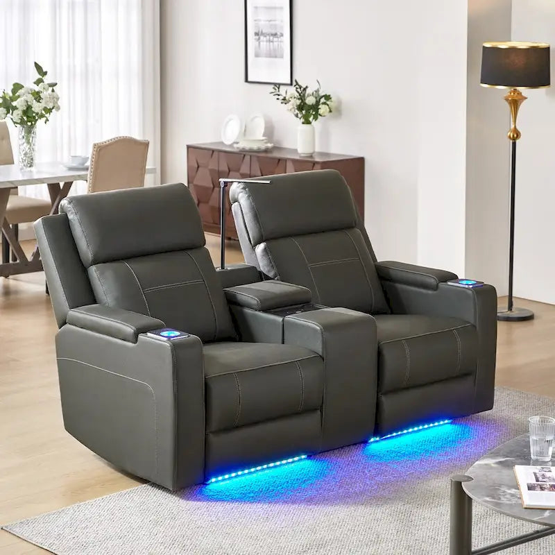 Fauteuil de cinéma maison en cuir véritable de 71,26 po de large avec éclairage d'ambiance et rangement
