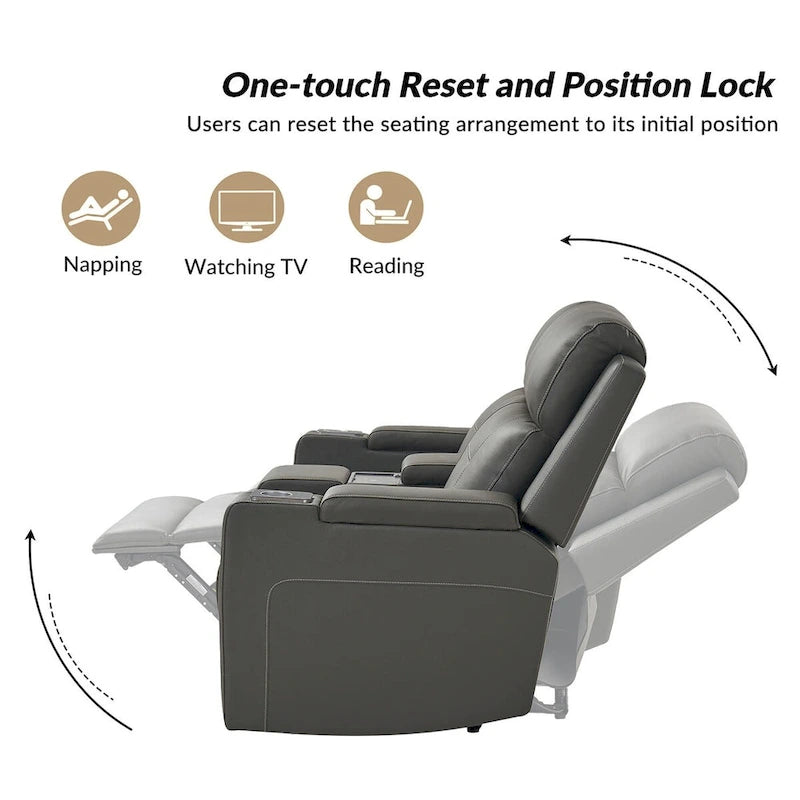 Fauteuil de cinéma maison en cuir véritable de 71,26 po de large avec éclairage d'ambiance et rangement