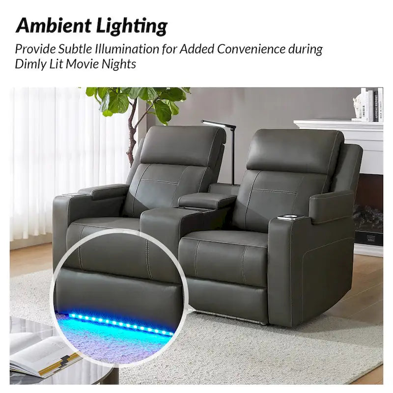 Fauteuil de cinéma maison en cuir véritable de 71,26 po de large avec éclairage d'ambiance et rangement